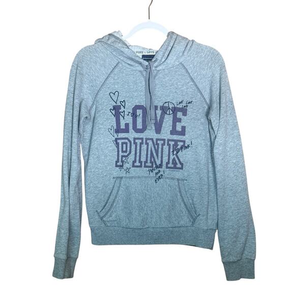 Y2K VS PINK Hoodie Sz Small Gray Love Graphic Preppy Collegiate Sporty Casual - Picture 1 of 5